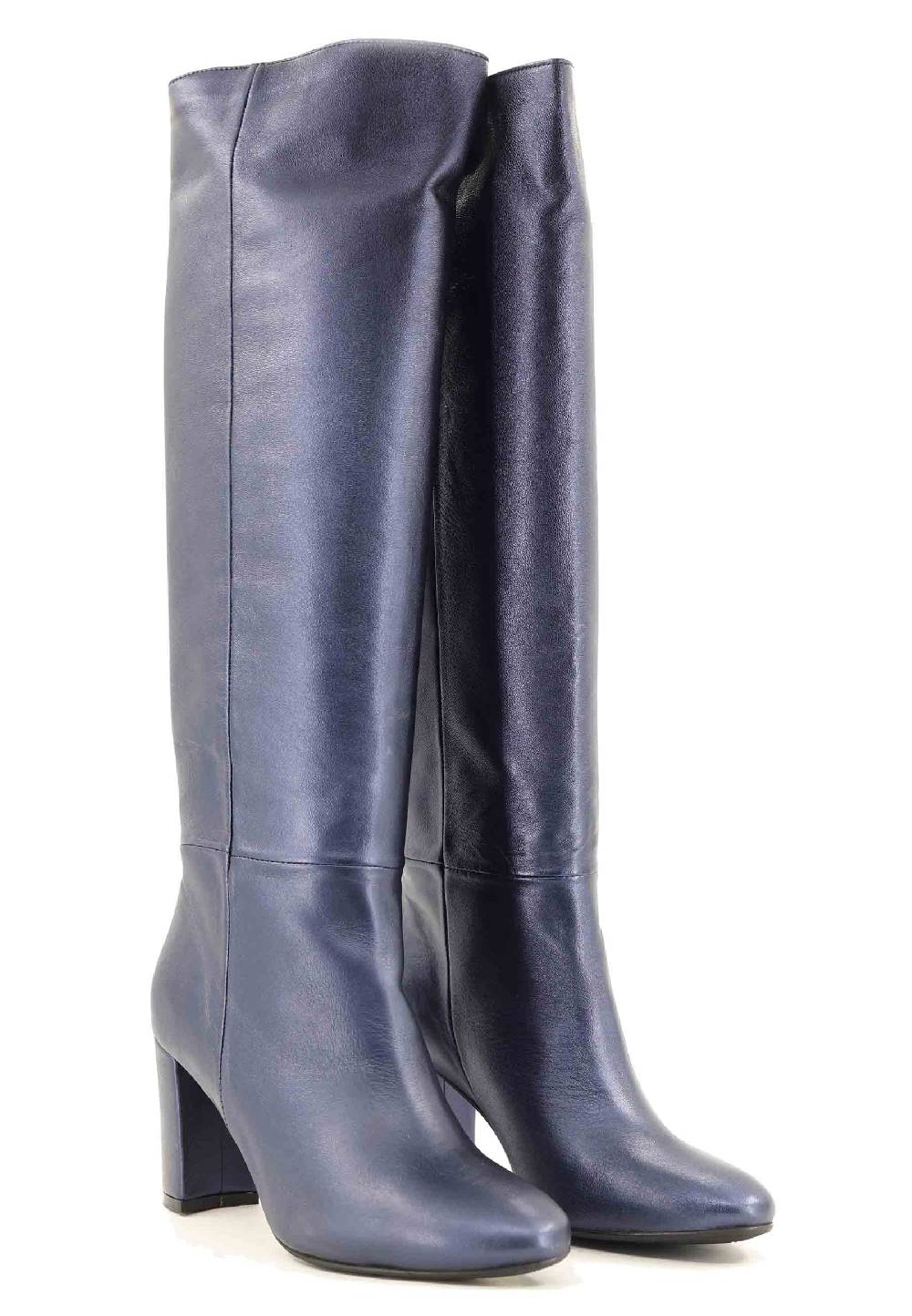 L'ARIANNA Stivali ST1689 a tubo in pelle lamin blu con punta tonda Soddisfazione Garantita