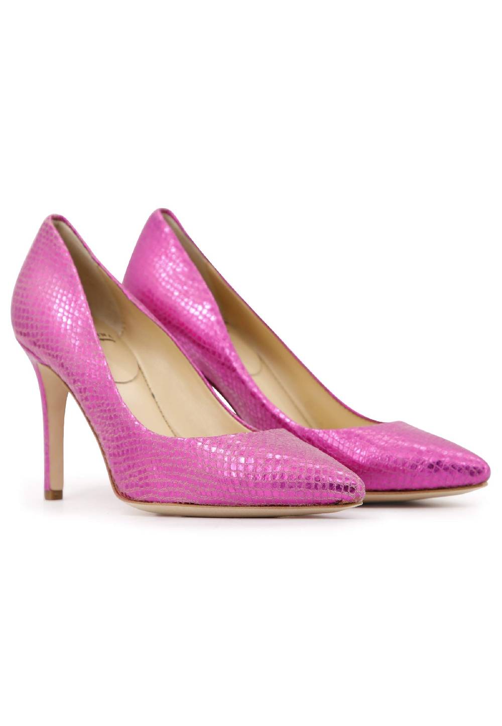 L'ARIANNA Decollete donna in pelle stampata laminata fuxia con tacco alto In Vendita