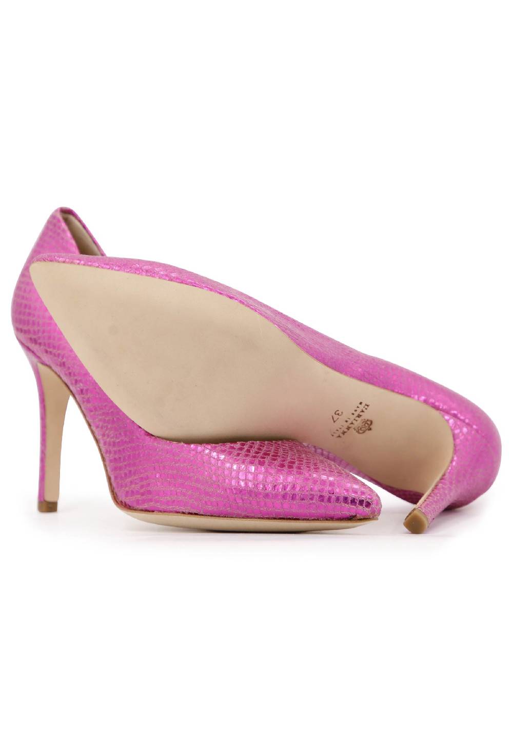 L'ARIANNA Decollete donna in pelle stampata laminata fuxia con tacco alto In Vendita