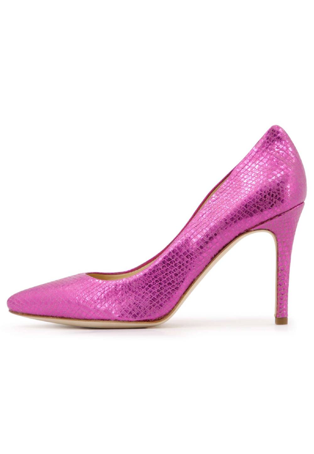 L'ARIANNA Decollete donna in pelle stampata laminata fuxia con tacco alto In Vendita