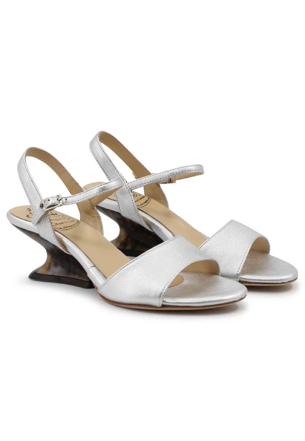 L'ARIANNA Sandali donna in pelle laminata argento con zeppa bassa Nuova