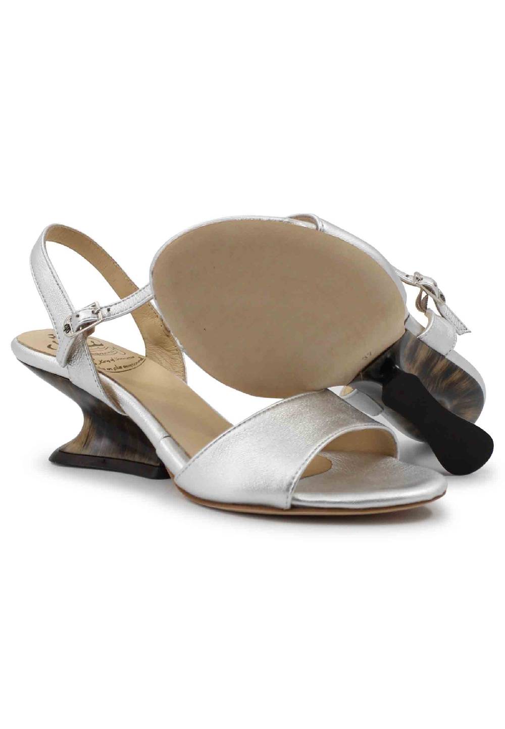 L'ARIANNA Sandali donna in pelle laminata argento con zeppa bassa Nuova