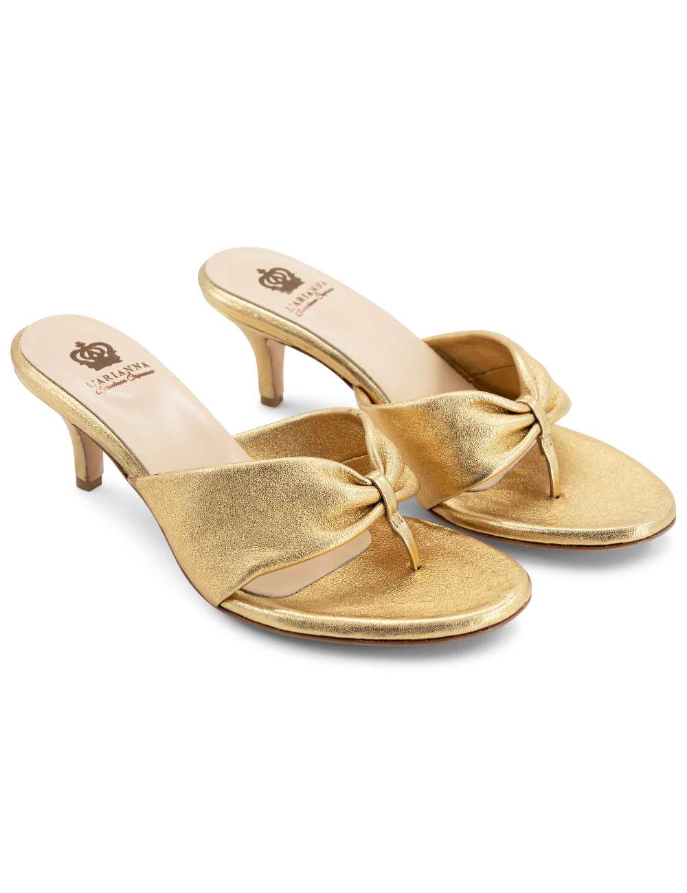 L'ARIANNA Sandali ds7048 donna in pelle lamin oro con tacco basso Offerta Giorno del Papà