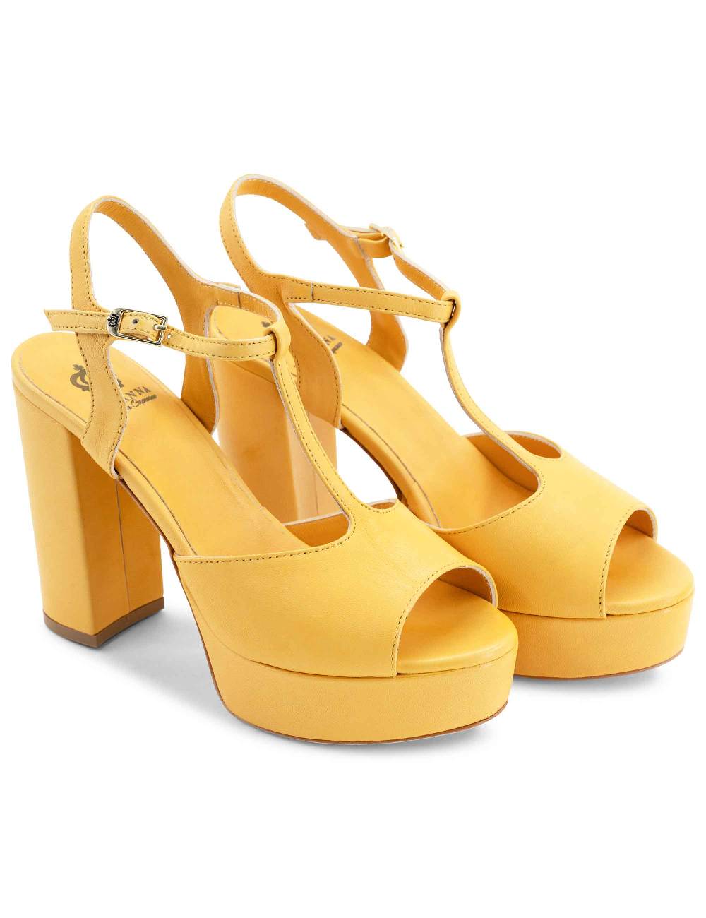 L'ARIANNA Sandali ds7010 donna in pelle color giallo con cinturino tacco alto e plateau Offerta Anniversario