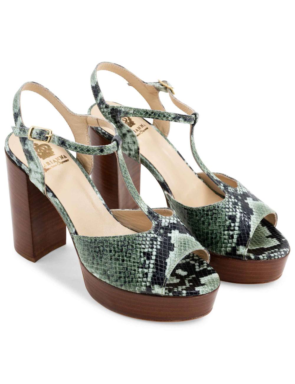 L'ARIANNA Sandali ds7010 donna in pelle stampata verde con cinturino tacco alto e plateau Nuova