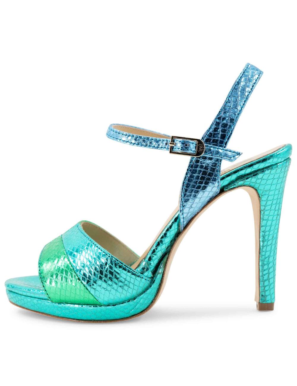 L'ARIANNA Sandali ds1643 da donna in pelle laminata rettile verde e azzurra con tacco alto e platò, con cinturino alla caviglia 2025