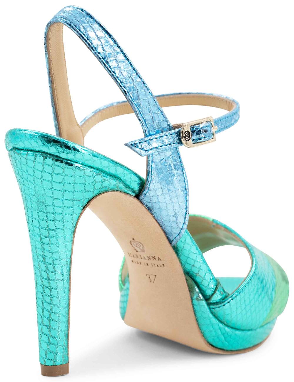L'ARIANNA Sandali ds1643 da donna in pelle laminata rettile verde e azzurra con tacco alto e platò, con cinturino alla caviglia 2025