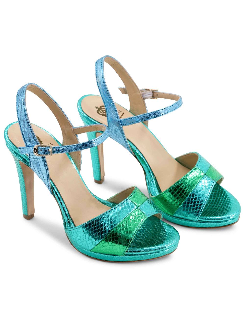 L'ARIANNA Sandali ds1643 da donna in pelle laminata rettile verde e azzurra con tacco alto e platò, con cinturino alla caviglia 2025