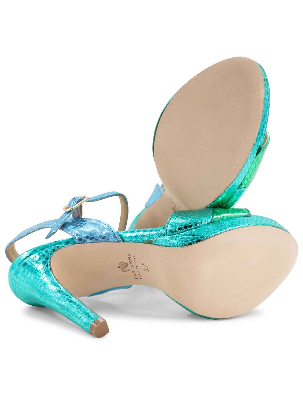 L'ARIANNA Sandali ds1643 da donna in pelle laminata rettile verde e azzurra con tacco alto e platò, con cinturino alla caviglia 2025