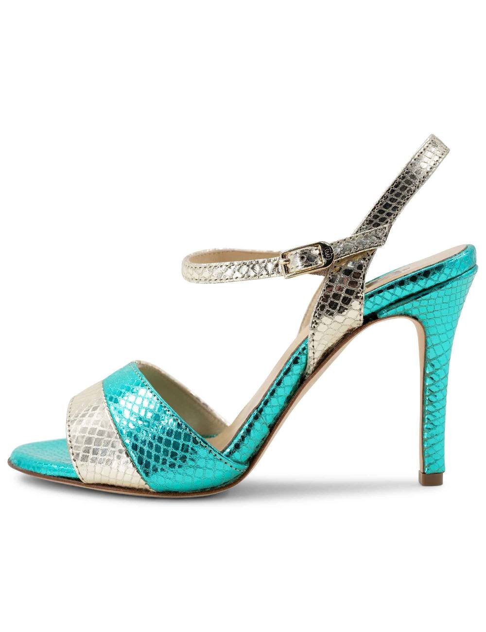 L'ARIANNA Sandali ds1643 da donna in pelle laminata rettile verde e argento con tacco alto e con cinturino alla caviglia In Linea