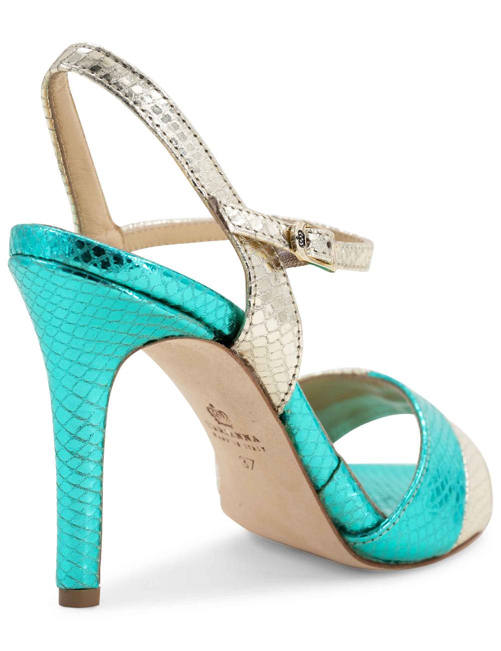 L'ARIANNA Sandali ds1643 da donna in pelle laminata rettile verde e argento con tacco alto e con cinturino alla caviglia In Linea