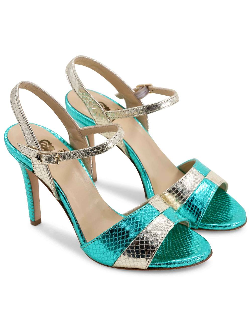L'ARIANNA Sandali ds1643 da donna in pelle laminata rettile verde e argento con tacco alto e con cinturino alla caviglia In Linea