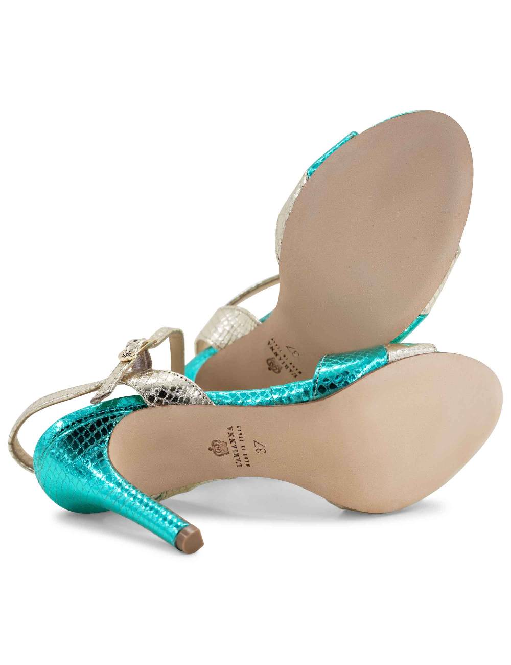 L'ARIANNA Sandali ds1643 da donna in pelle laminata rettile verde e argento con tacco alto e con cinturino alla caviglia In Linea