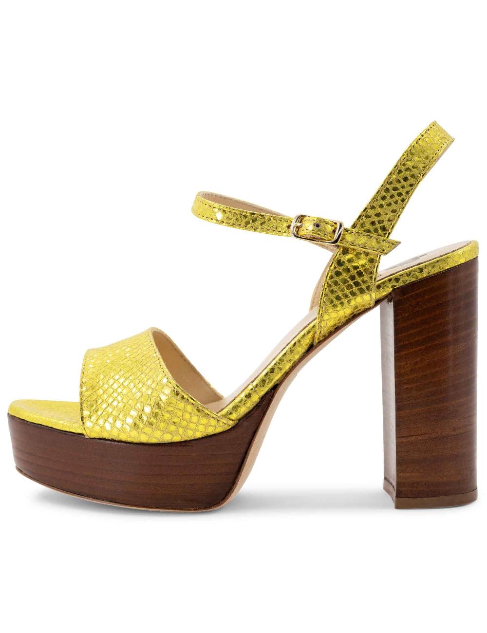 L'ARIANNA Sandali DS1610 donna in pelle stampata laminata giallo con tacco alto e plateau Vendita