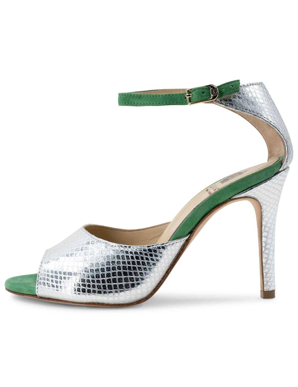 L'ARIANNA Sandali DS1518 donna in pelle laminata jeans effetto rettile e camoscio verde con tacco alto e cinturino alla caviglia L'Arianna Pezzi Unici