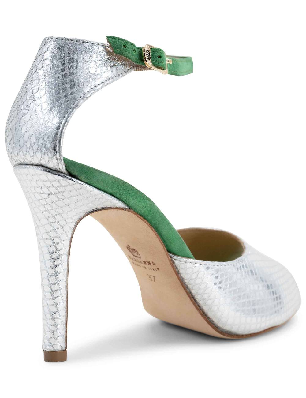 L'ARIANNA Sandali DS1518 donna in pelle laminata jeans effetto rettile e camoscio verde con tacco alto e cinturino alla caviglia L'Arianna Pezzi Unici
