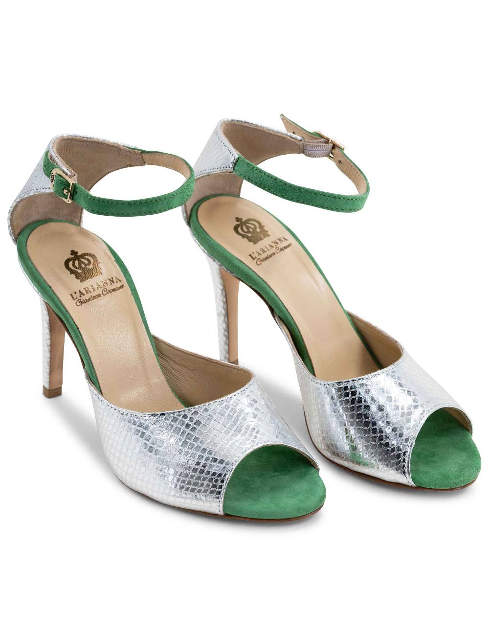 L'ARIANNA Sandali DS1518 donna in pelle laminata jeans effetto rettile e camoscio verde con tacco alto e cinturino alla caviglia L'Arianna Pezzi Unici