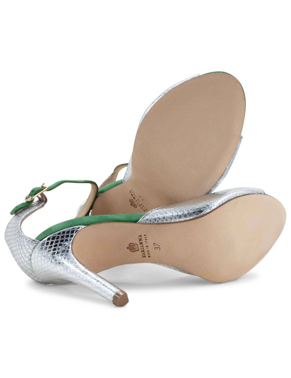 L'ARIANNA Sandali DS1518 donna in pelle laminata jeans effetto rettile e camoscio verde con tacco alto e cinturino alla caviglia L'Arianna Pezzi Unici