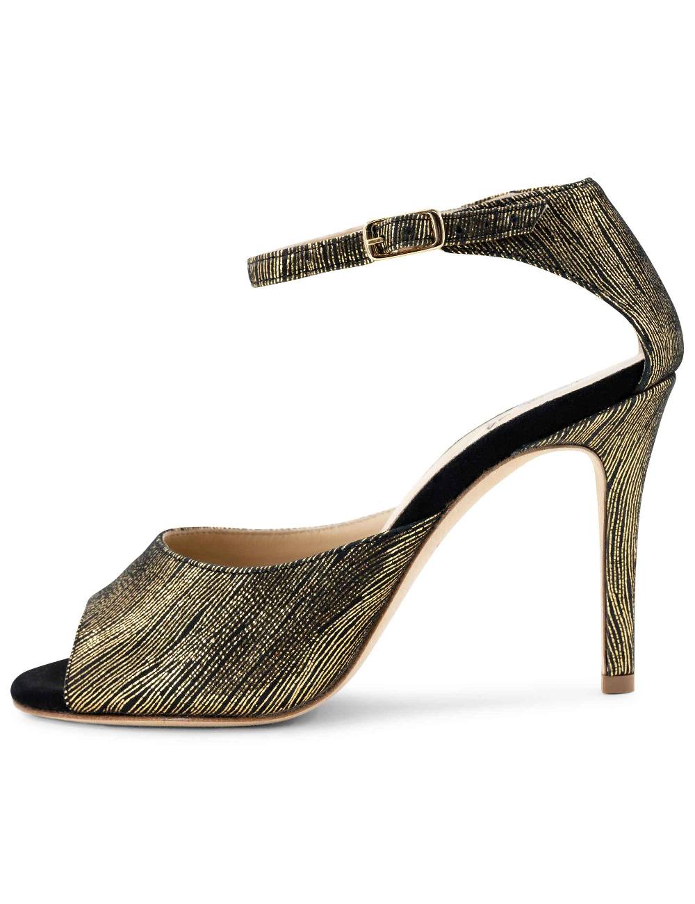 L'ARIANNA Sandali DS1518 donna in camoscio nero e lucry oro con tacco alto e cinturino alla caviglia L'Arianna Soddisfazione Garantita