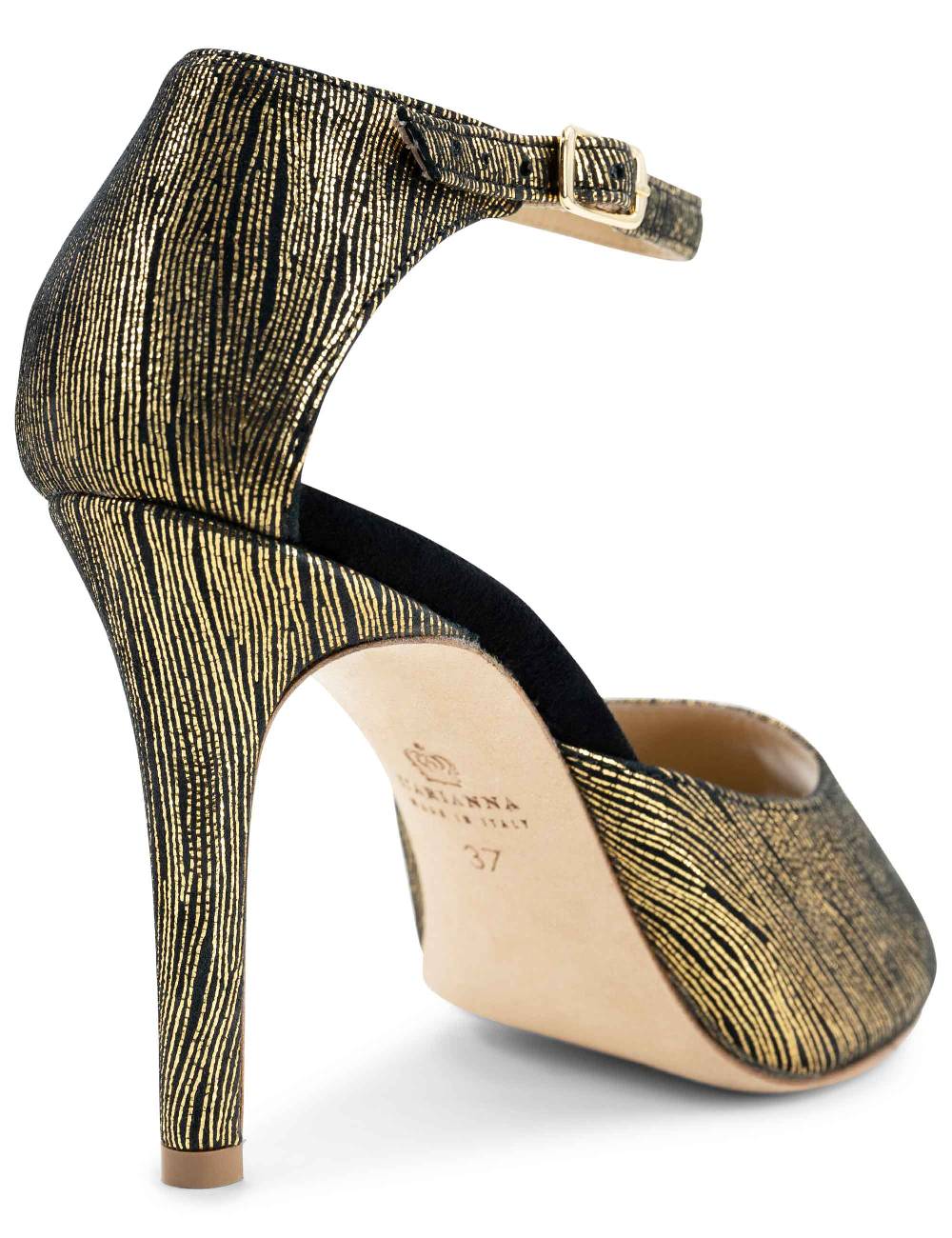 L'ARIANNA Sandali DS1518 donna in camoscio nero e lucry oro con tacco alto e cinturino alla caviglia L'Arianna Soddisfazione Garantita