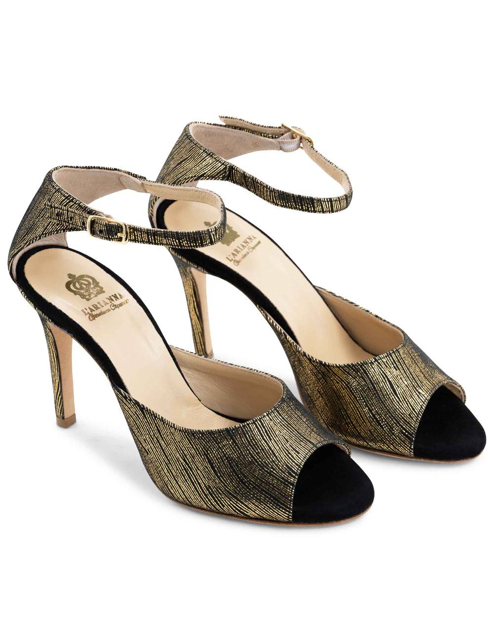 L'ARIANNA Sandali DS1518 donna in camoscio nero e lucry oro con tacco alto e cinturino alla caviglia L'Arianna Soddisfazione Garantita