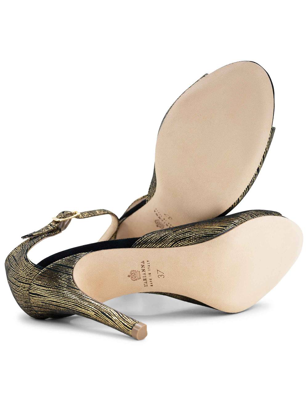 L'ARIANNA Sandali DS1518 donna in camoscio nero e lucry oro con tacco alto e cinturino alla caviglia L'Arianna Soddisfazione Garantita