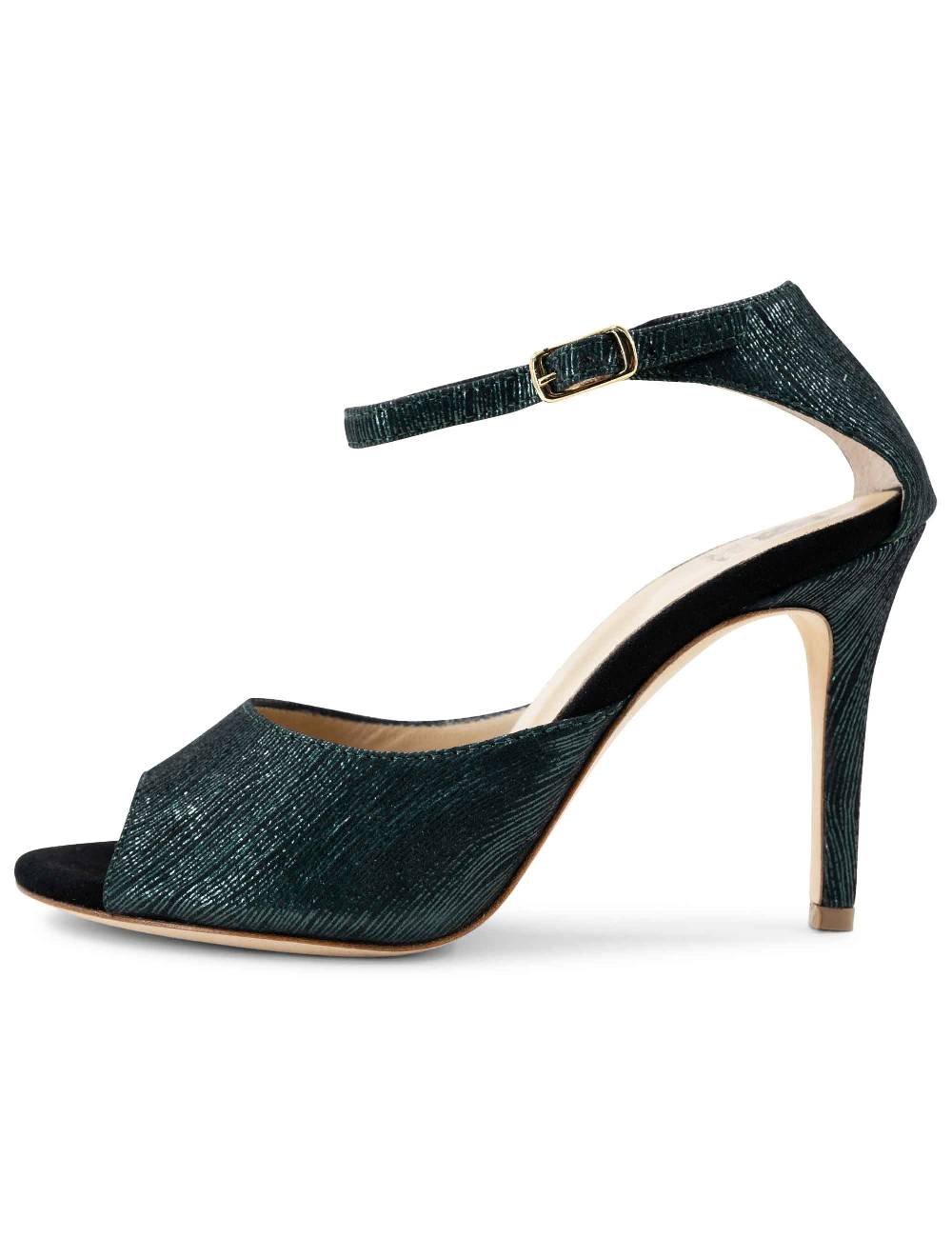 L'ARIANNA Sandali DS1518 donna in camoscio nero e lucry verde con tacco alto e cinturino alla caviglia L'Arianna Qualità Garantita
