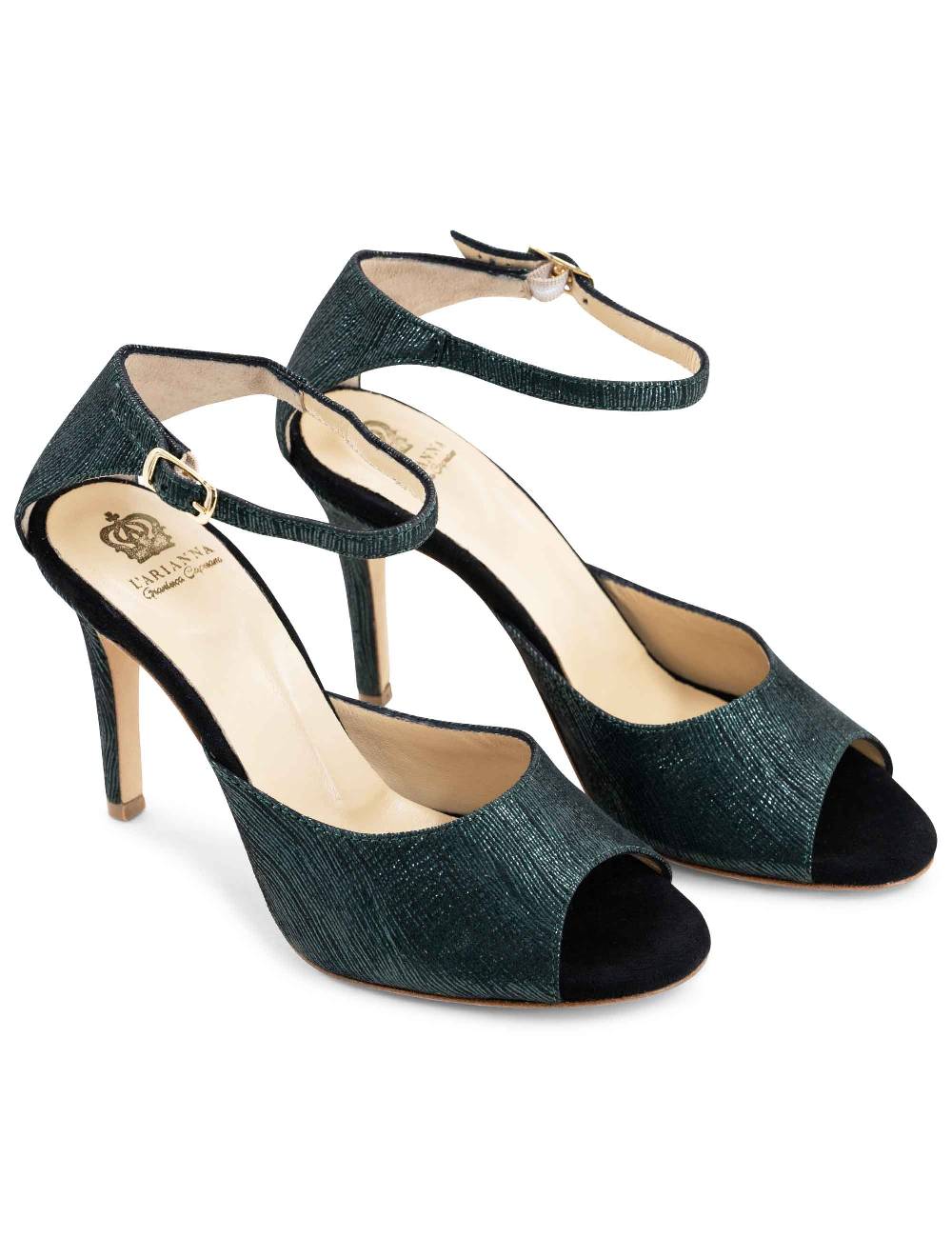L'ARIANNA Sandali DS1518 donna in camoscio nero e lucry verde con tacco alto e cinturino alla caviglia L'Arianna Qualità Garantita