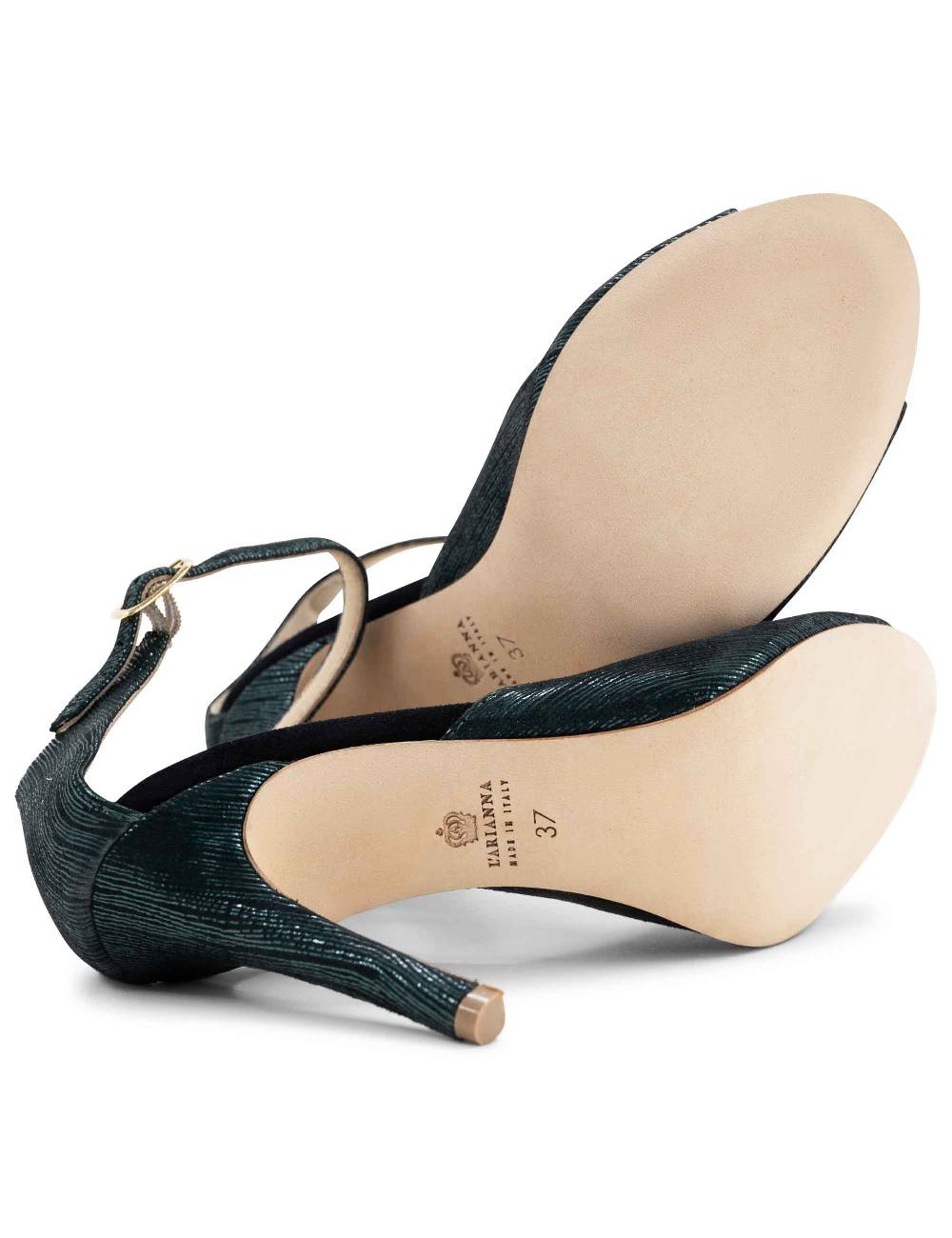 L'ARIANNA Sandali DS1518 donna in camoscio nero e lucry verde con tacco alto e cinturino alla caviglia L'Arianna Qualità Garantita