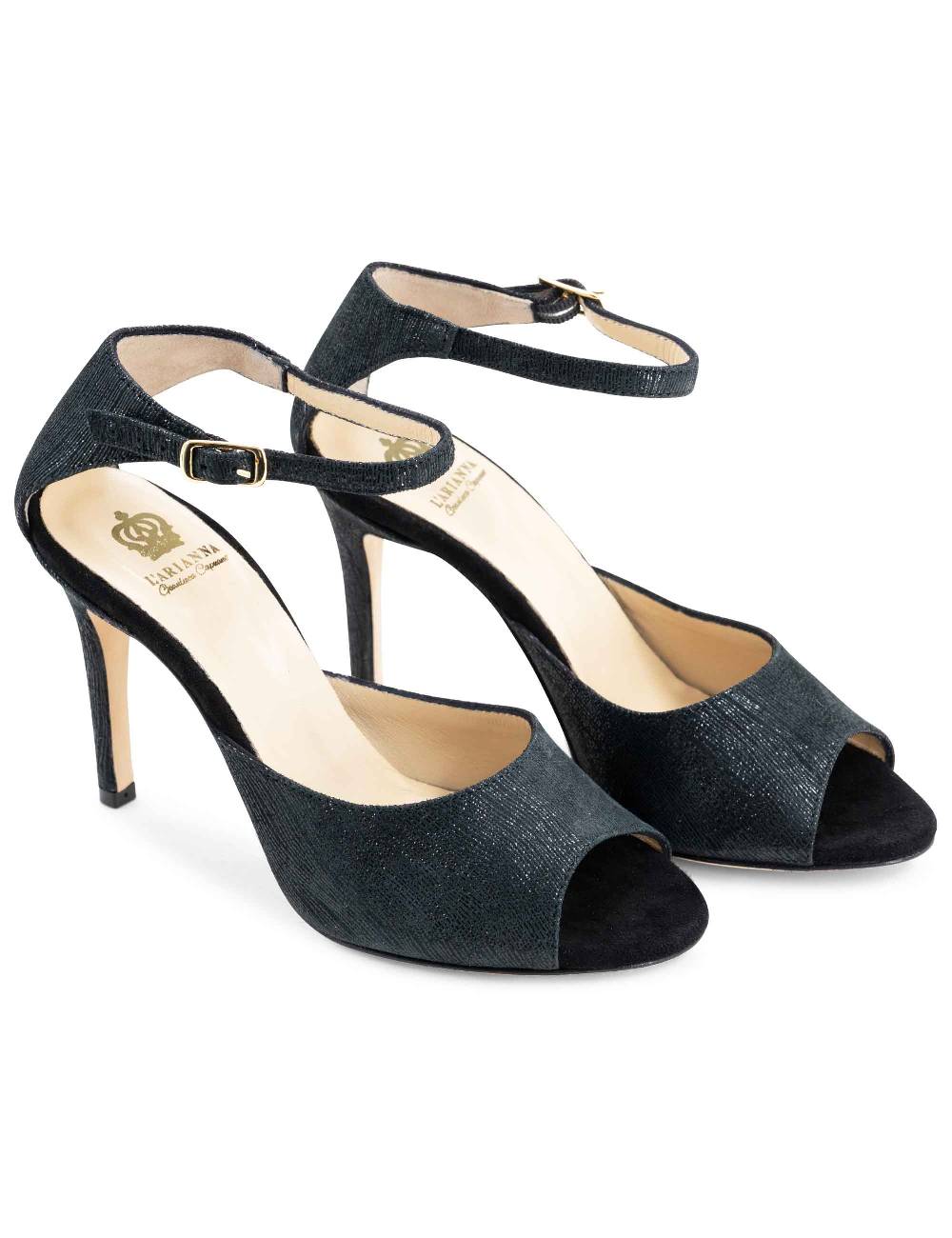 L'ARIANNA Sandali DS1518 donna in camoscio nero e lucry nero con tacco alto e cinturino alla caviglia L'Arianna Negozi Online
