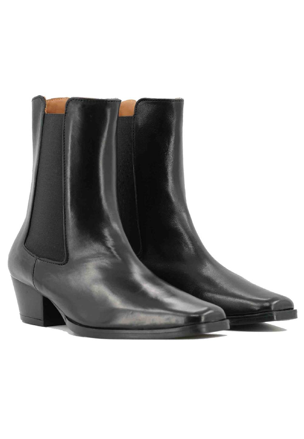 L'ARIANNA Stivaletti BT1695 boot donna in pelle nera punta quadra con tacco in cuoio Spedizione Gratuita
