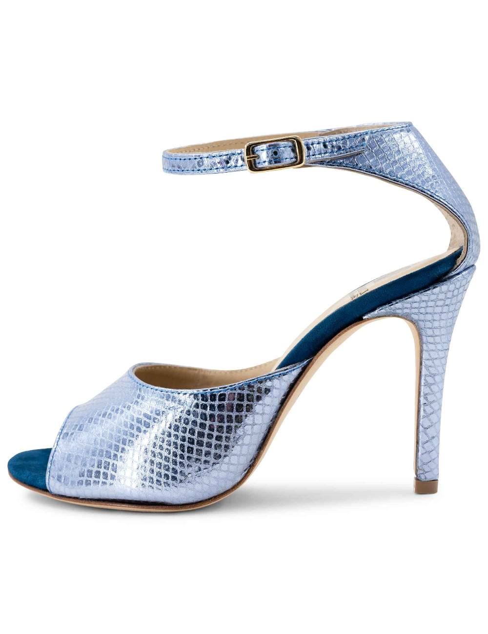 L'ARIANNA Sandali DS1518 donna in pelle laminata jeans effetto rettile e camoscio oceano con tacco alto e cinturino alla caviglia L'Arianna Consegna Veloce