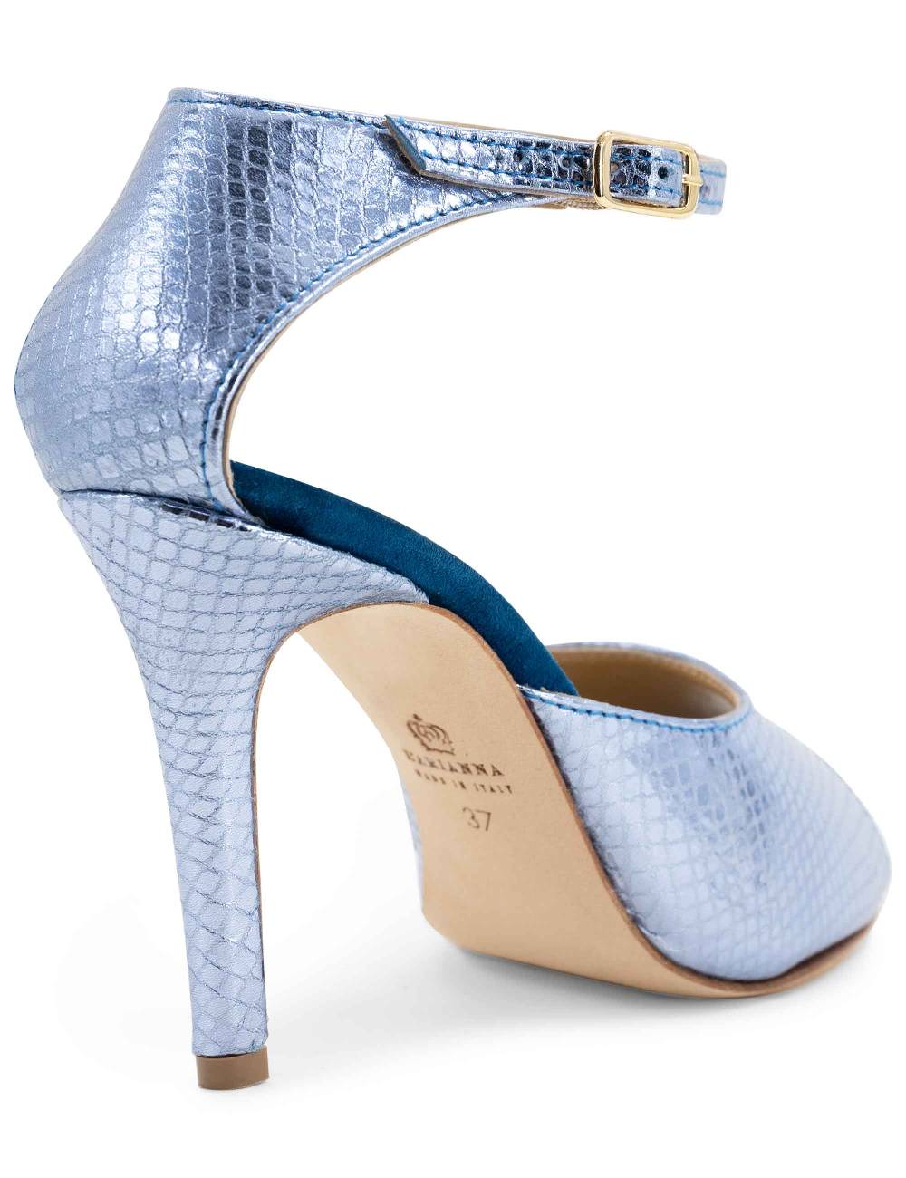 L'ARIANNA Sandali DS1518 donna in pelle laminata jeans effetto rettile e camoscio oceano con tacco alto e cinturino alla caviglia L'Arianna Consegna Veloce