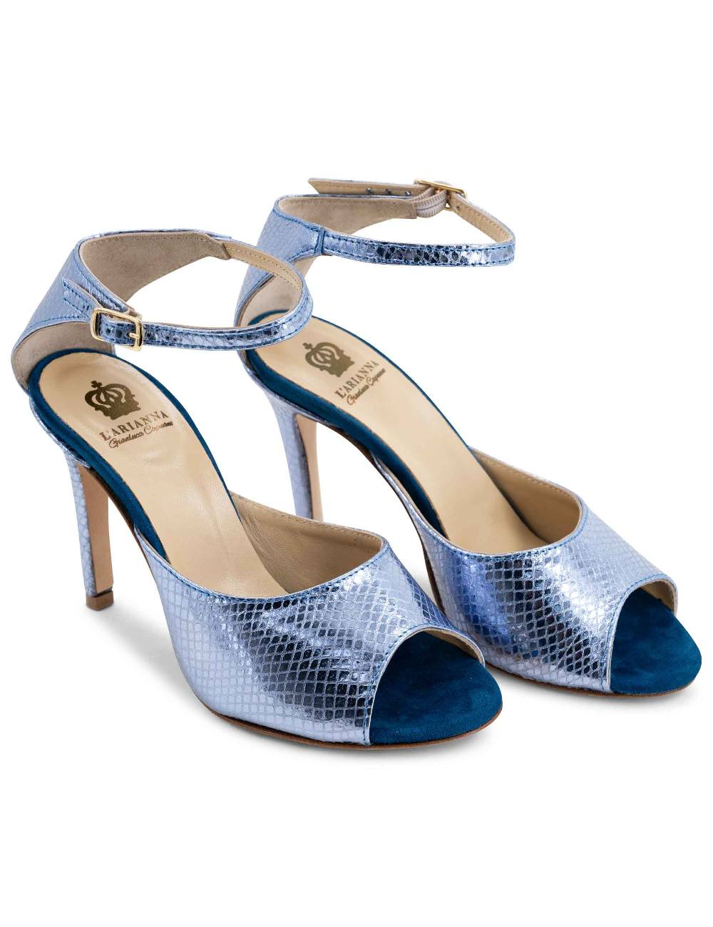 L'ARIANNA Sandali DS1518 donna in pelle laminata jeans effetto rettile e camoscio oceano con tacco alto e cinturino alla caviglia L'Arianna Consegna Veloce
