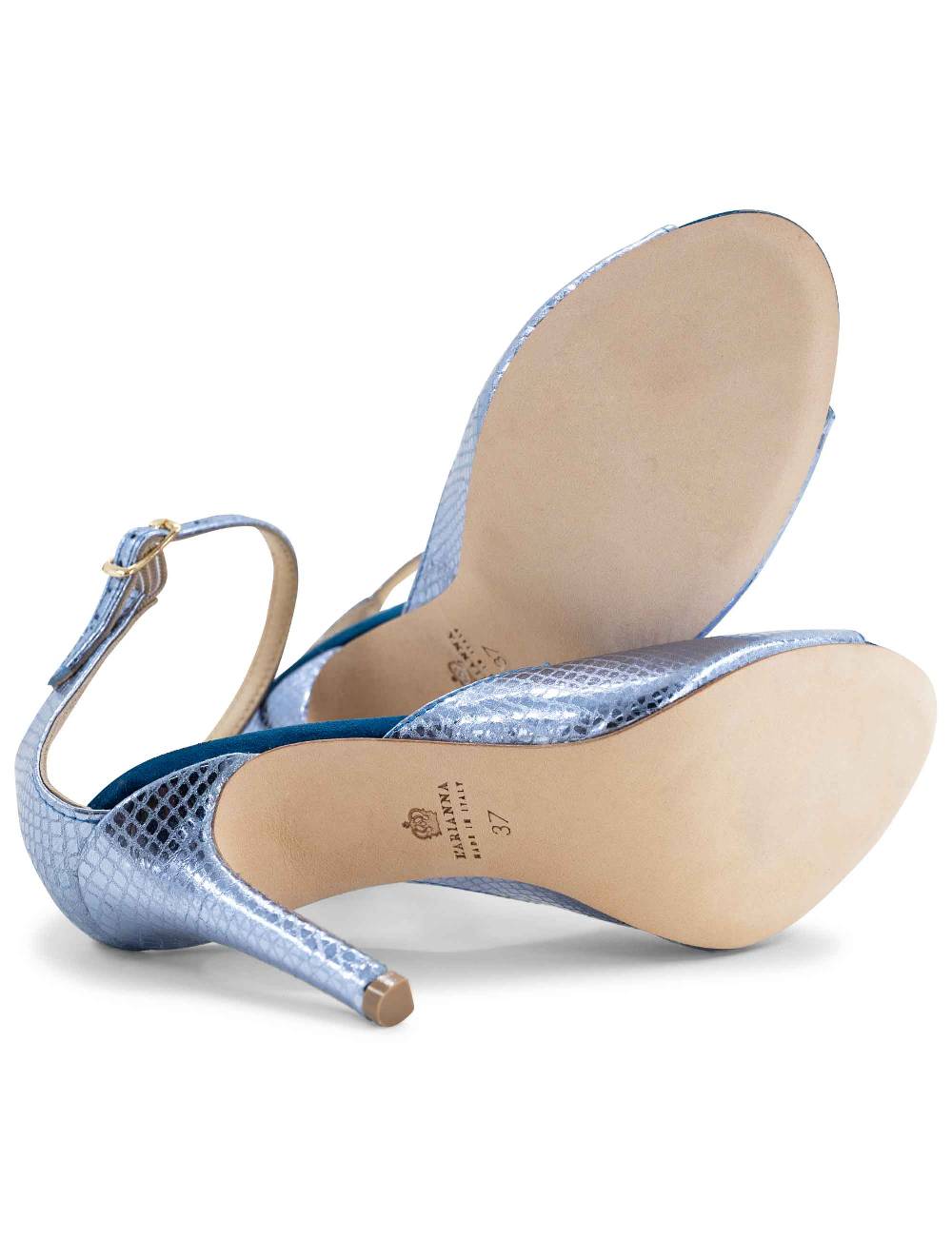 L'ARIANNA Sandali DS1518 donna in pelle laminata jeans effetto rettile e camoscio oceano con tacco alto e cinturino alla caviglia L'Arianna Consegna Veloce