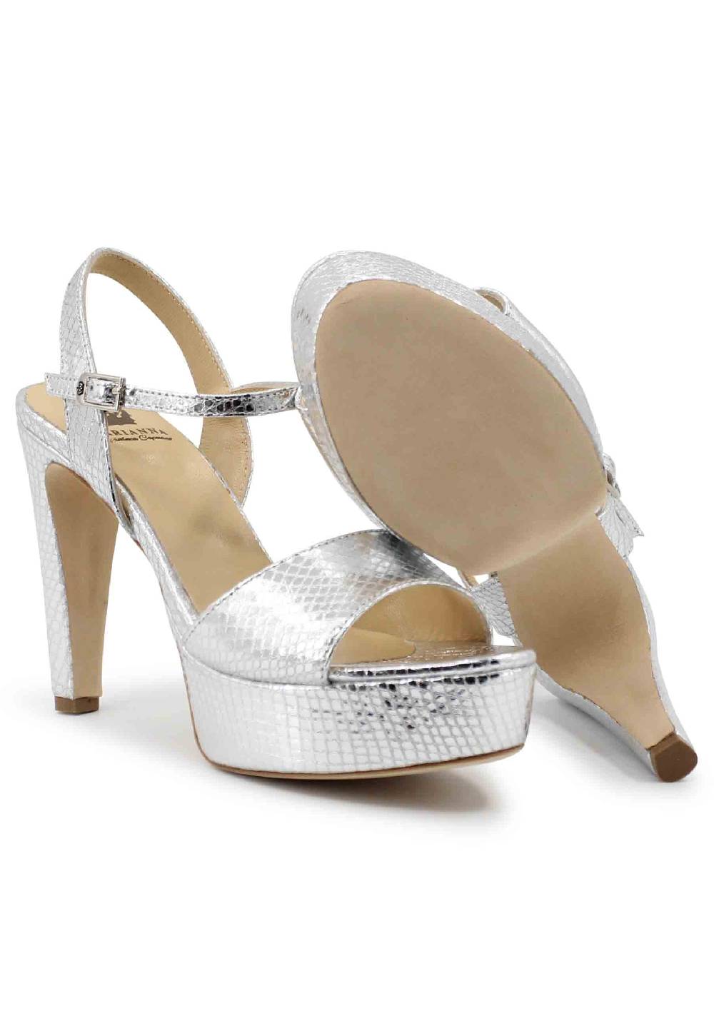 L'ARIANNA Sandali DS1610 donna in pelle laminata stampata argento con tacco alto e plateau Sconto