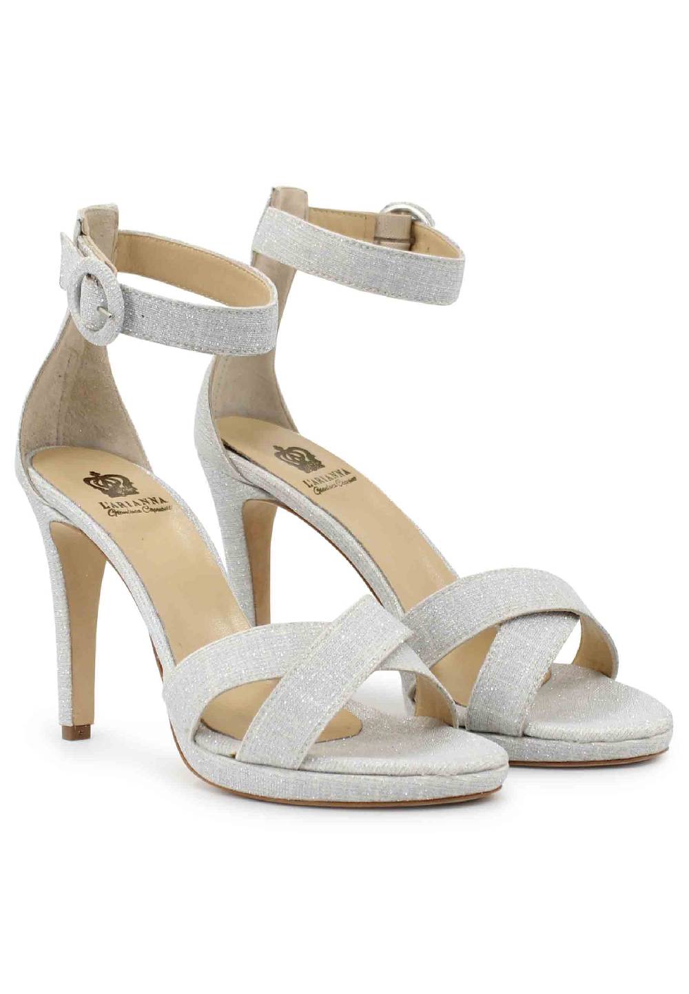 L'ARIANNA Sandali DS1507 donna in tessuto off white con tacco alto e cinturino alla caviglia In Vendita