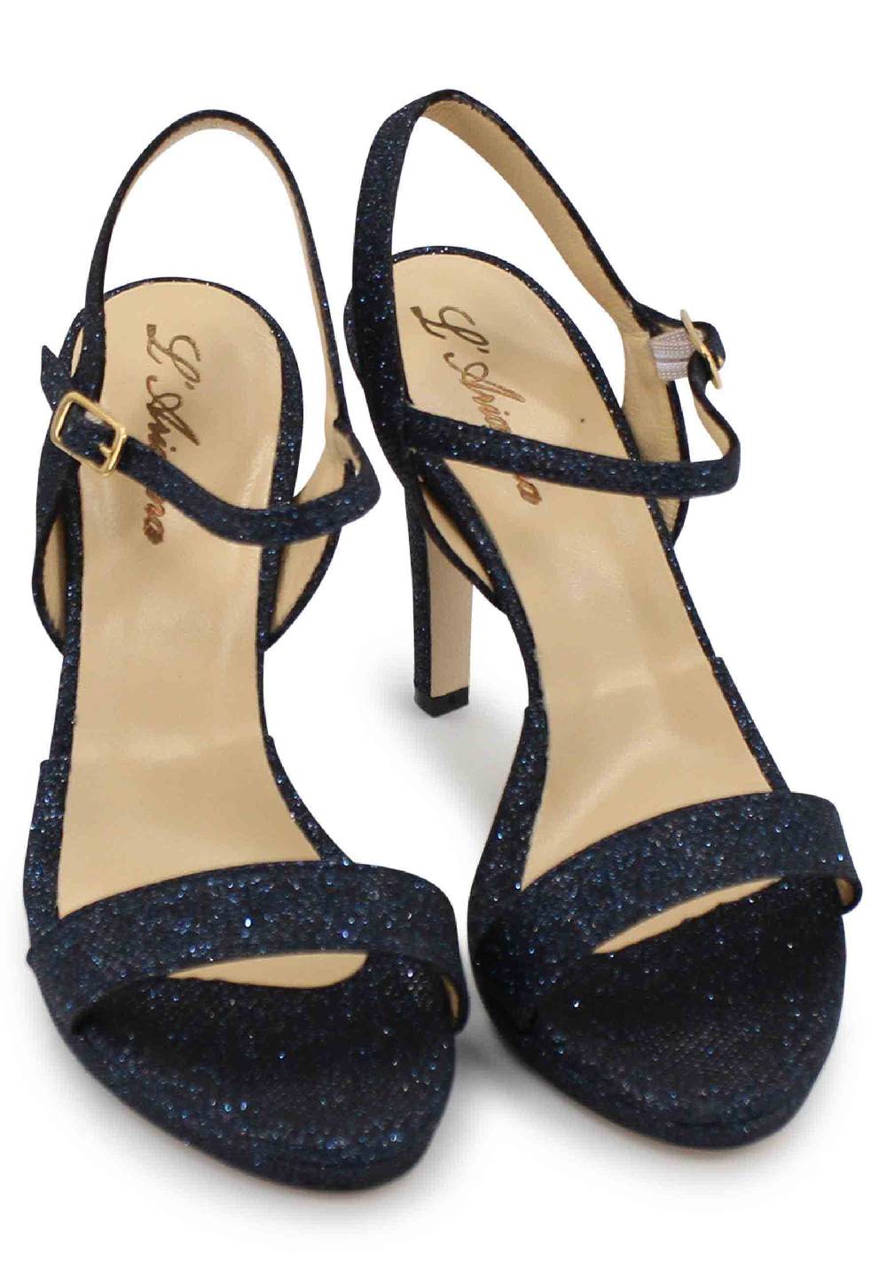 L'ARIANNA Sandali ds7054 donna in glitter blu con tacco alto e cinturino alla caviglia Saldi Di Fabbrica