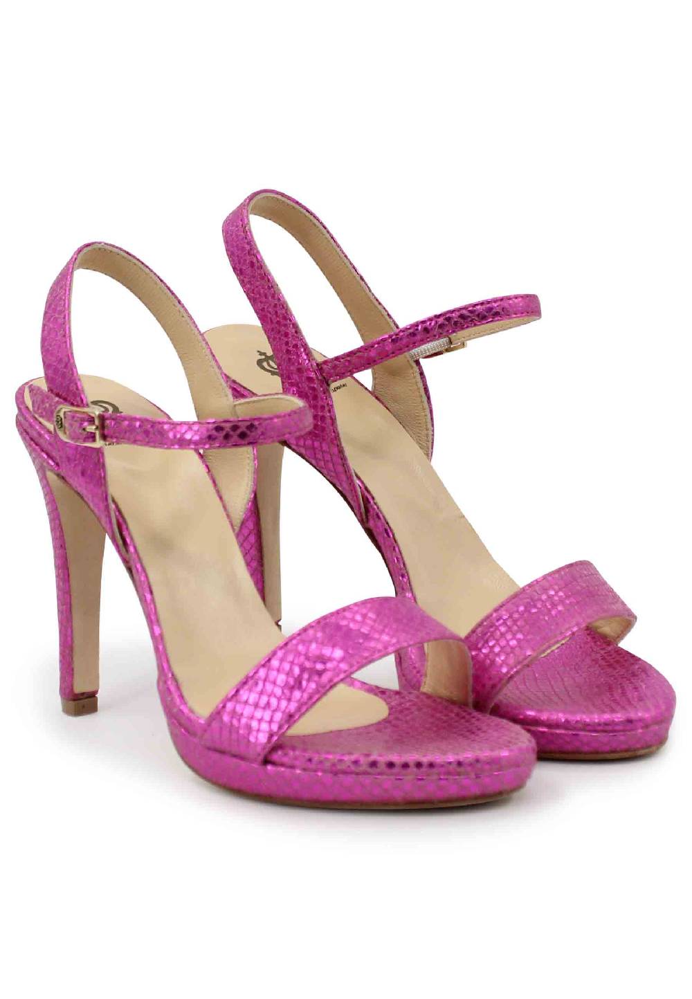 L'ARIANNA Sandali ds7054donna in pelle laminata fuxia effetto serpente con tacco alto e cinturino alla caviglia Vendite Flash