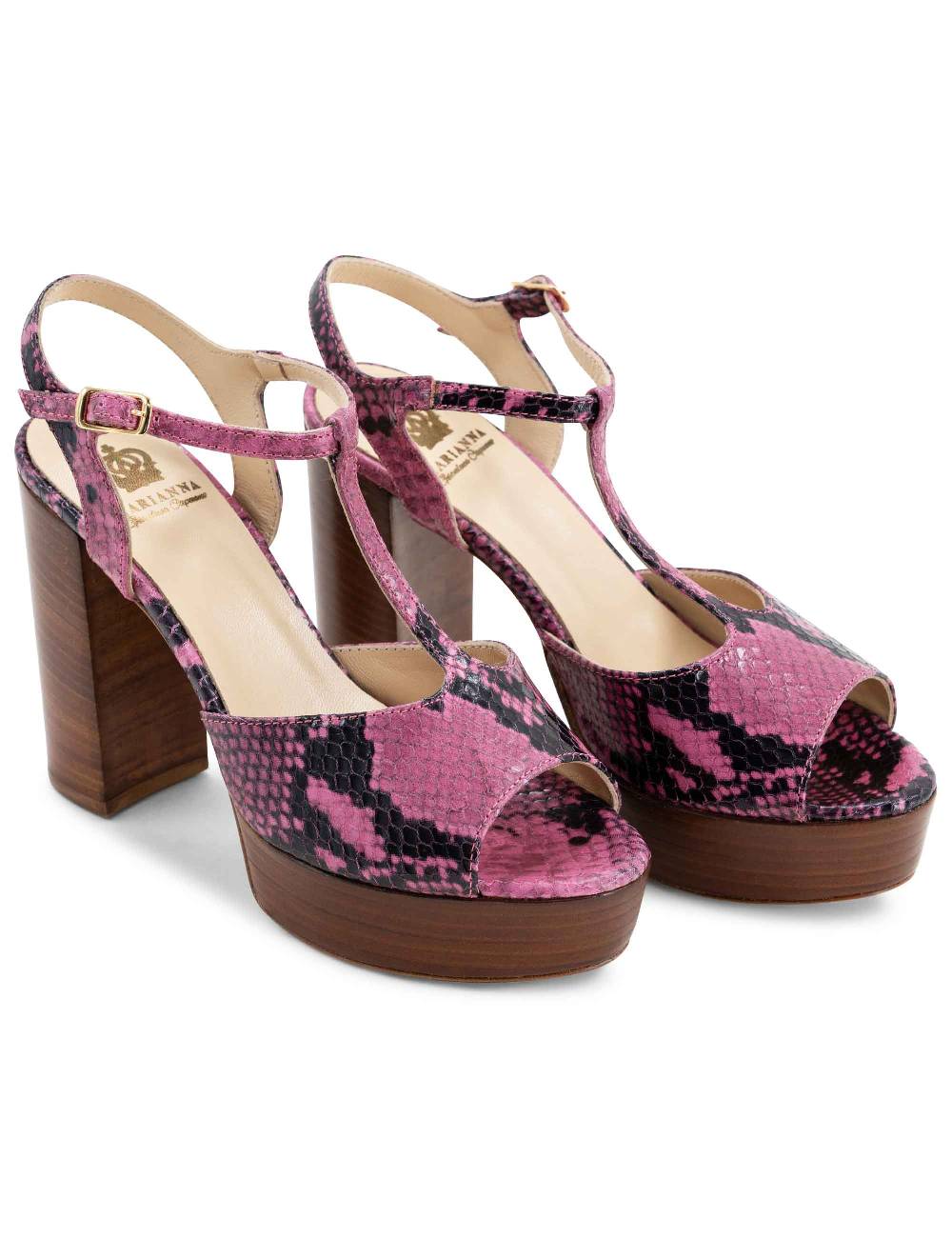 L'ARIANNA Sandali ds7010 donna in pelle stampata rosa con cinturino tacco alto e plateau Italia
