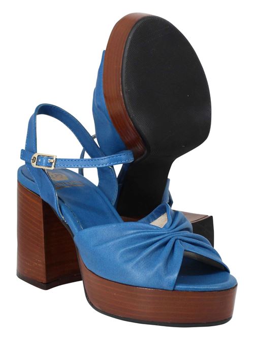 L'ARIANNA Sandali DS1648 da donna in pelle blu con tacco e plateau in cuoio L'Arianna Soddisfazione Garantita