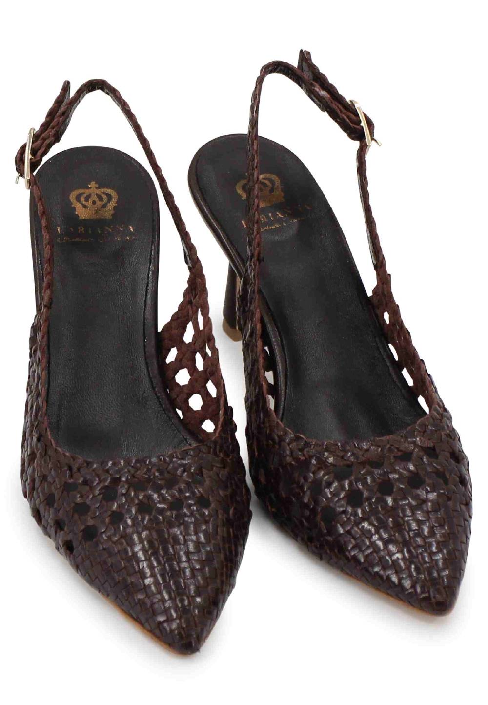L'ARIANNA Decollete slingback in pelle intrecciata marrone tacco alto Qualità Garantita