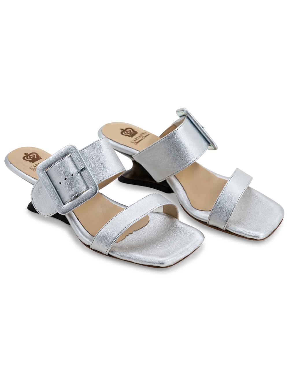 L'ARIANNA Sandali ds1359/z donna in pelle laminata argento con zeppa bassa Consegna Veloce