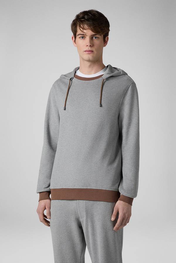 Lab. Pal Zileri Felpa in cotone grigio con cappuccio e finiture marroni Vendita Calda