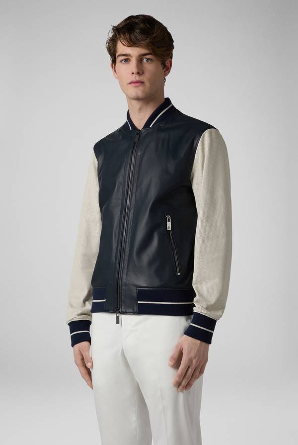 Lab. Pal Zileri Varsity Jacket in nappa bicolore blu e panna Qualità