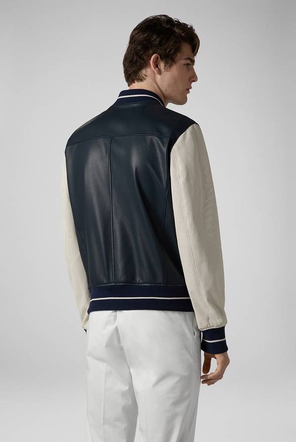 Lab. Pal Zileri Varsity Jacket in nappa bicolore blu e panna Qualità