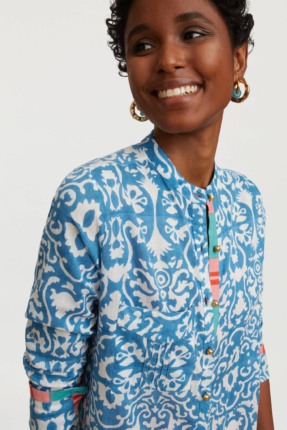 Lisa Corti kurta lunga aperta damask design white blue Italy