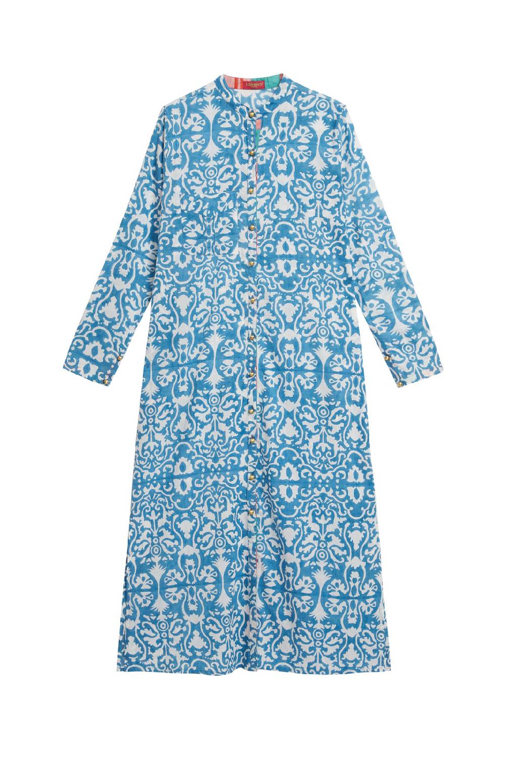 Lisa Corti kurta lunga aperta damask design white blue Italy