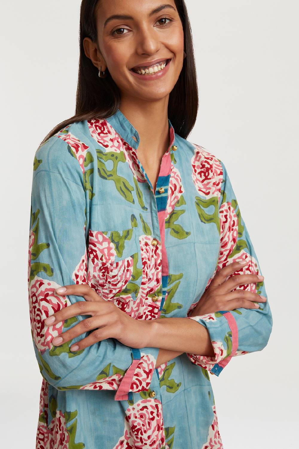 Lisa Corti kurta lunga aperta leopard flower sky light blue In Linea