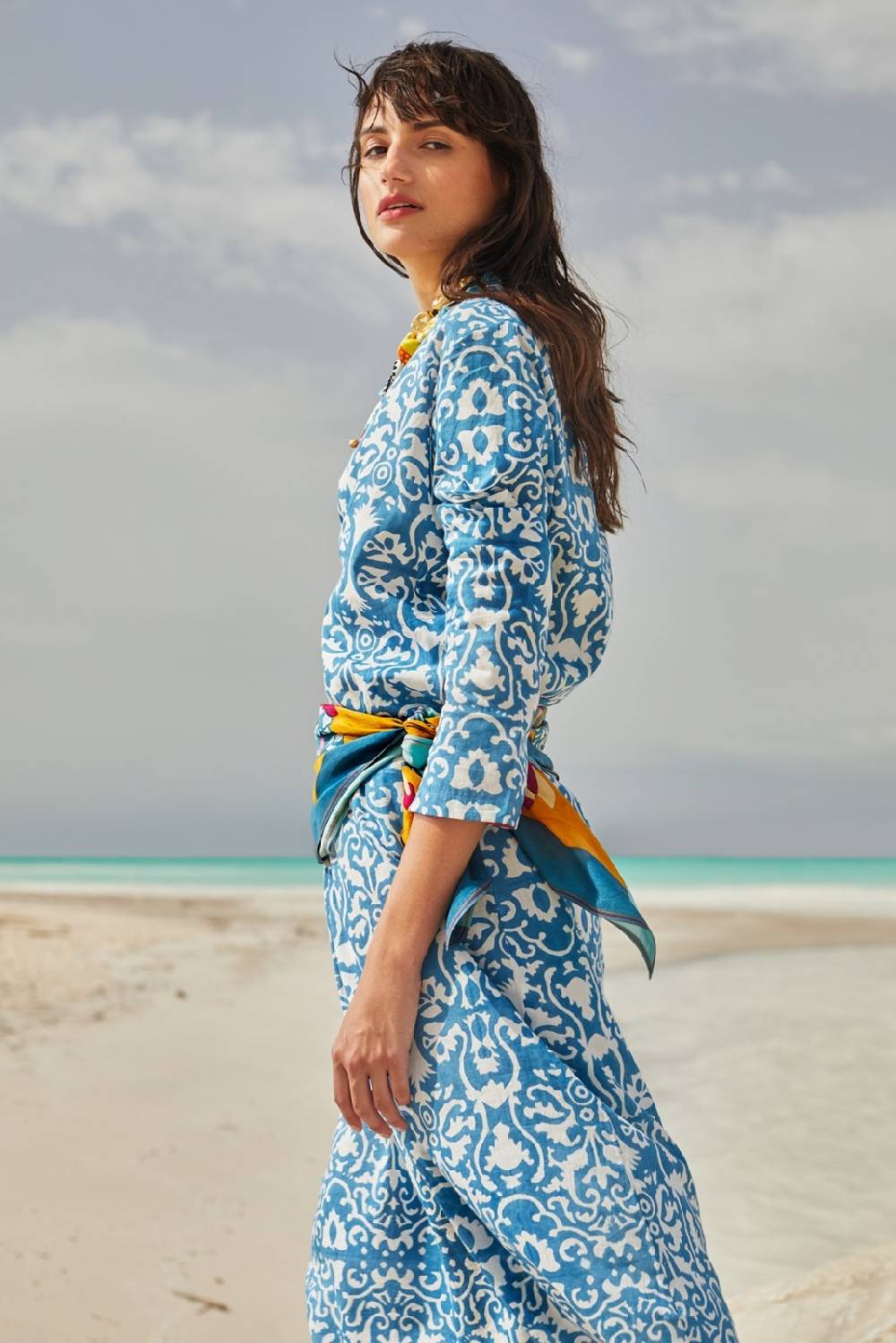 Lisa Corti kurta lunga damask design white blue Nuovo